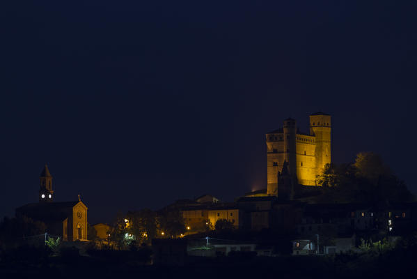 Langhe, Cuneo district, Piedmont, Italy. Barolo wine region,serralunga d’alba castle by night