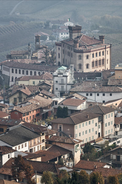 Langhe, Cuneo district, Piedmont, Italy. Barolo wine region, Barolo castle