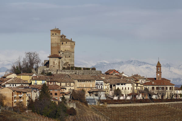 Langhe, Cuneo district, Piedmont, Italy. Barolo wine region, Serralunga d’Alba castle