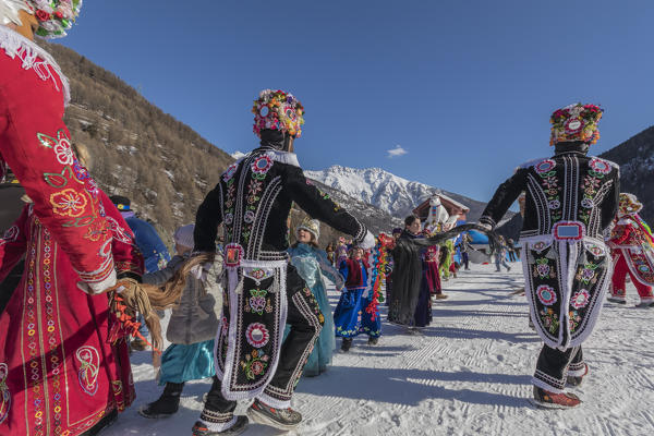 Aosta Valley,Gran San Bernardo Valley,Saint-Oyen,Italy, Europe. Alpine carnival Coumba Freida of Saint-Oyen