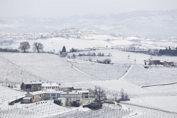 Langhe, Cuneo district, Piedmont, Italy. Langhe wine region winter snow