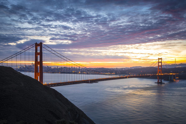 Golden Gate Bridge during sunrise. Marin County, San Francisco, Northern California, USA