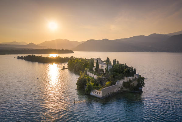 Aerial view of Isola del Garda with Villa Borghese, on the west side of Garda Lake, near Salò town. Garda Lake, Brescia province, Lombardy, Italy.