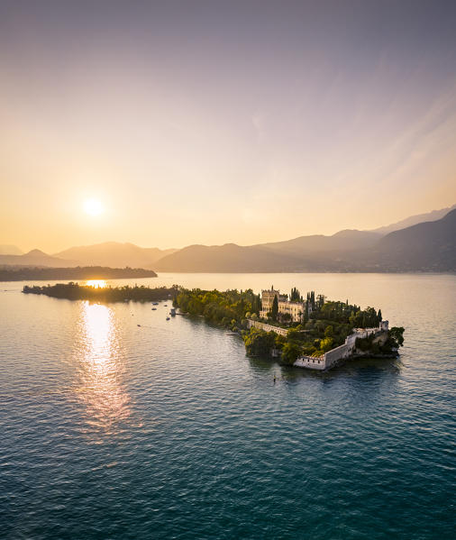 Aerial view of Isola del Garda with Villa Borghese, on the west side of Garda Lake, near Salò town. Garda Lake, Brescia province, Lombardy, Italy.