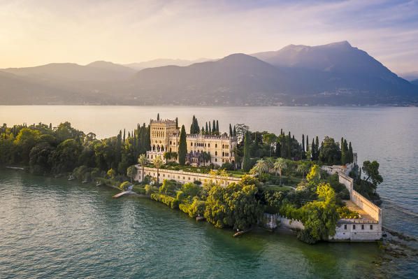 Aerial view of Isola del Garda with Villa Borghese, on the west side of Garda Lake, near Salò town. Garda Lake, Brescia province, Lombardy, Italy.