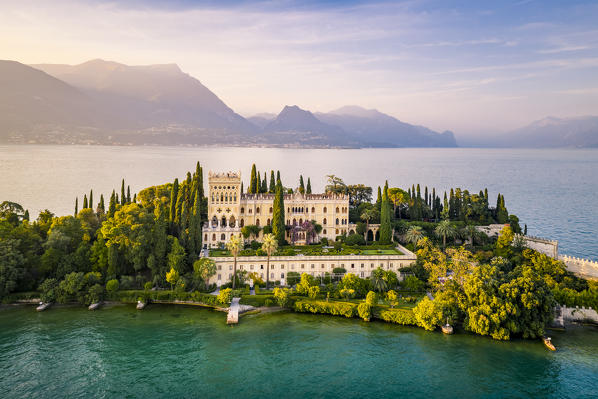 Aerial view of Isola del Garda with Villa Borghese, on the west side of Garda Lake, near Salò town. Garda Lake, Brescia province, Lombardy, Italy.