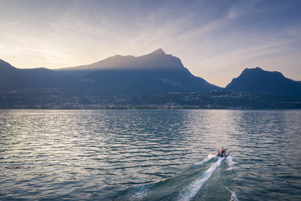 Aerial view of Garda Lake with Toscolano Maderno town. Garda Lake, Brescia province, Lombardy, Italy.