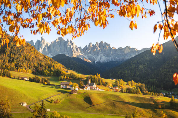 View of Santa Magdalena village with Odle Mountain Group on the background. Funes valley, South Tyrol, Italy.