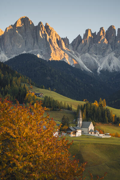 View of Santa Magdalena village with Odle Mountain Group on the background. Funes valley, South Tyrol, Italy.