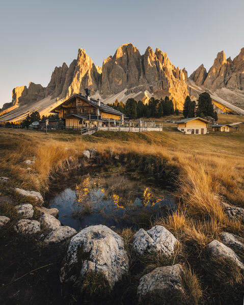 Odle Mountain group  during sunset, Funes Valley, South Tyrol, Italy