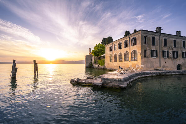 Punta San Vigilio during sunset. Garda, Verona province, Veneto, Garda Lake, Italy.