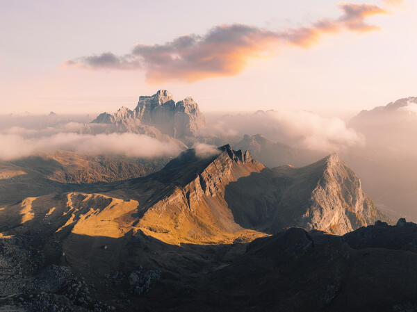 Aerial view of Pelmo mountain from Giau Pass Cortina d'Ampezzo, dolomites, Veneto, Italy