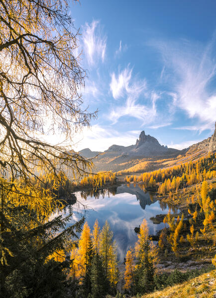 Sunrise at Federa Lake with autumnal colors; Cortina d'Ampezzo, Dolomites, Belluno province, Veneto, Italy.