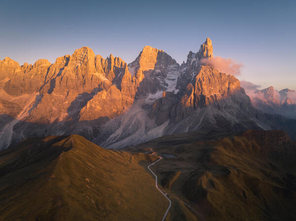 Aerial view of Pale di San Martino during sunset; Rolle Passo, Dolomites, South Tyrol, Italy