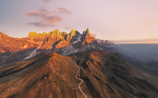 Aerial view of Pale di San Martino during sunset; Rolle Passo, Dolomites, South Tyrol, Italy