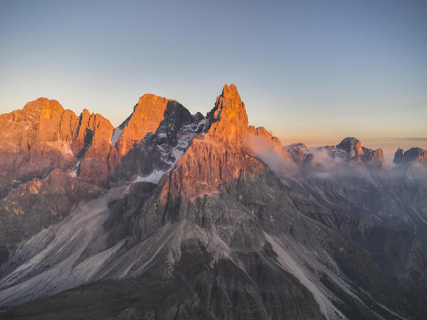 Aerial view of Pale di San Martino during sunset; Rolle Passo, Dolomites, South Tyrol, Italy