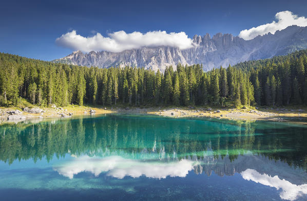 Lake Carezza with Mount Latemar, Bolzano province, South tyrol, Italy