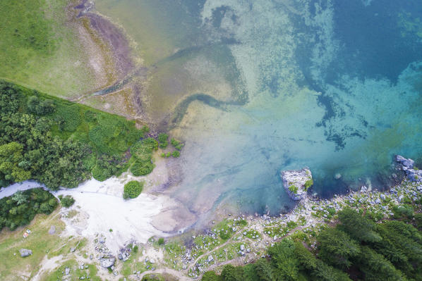 Aerial view of superior Fusine Lake. Fusine Lakes Natural Park, Tarvisio, Udine province, Friuli Venezia Giulia, Italy.