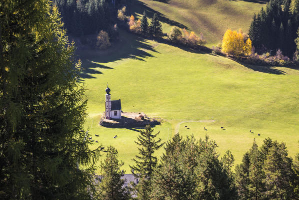 Funes Valley with San Giovanni ranui Church. Puez Odle Natural Park, South Tyrol, Italy