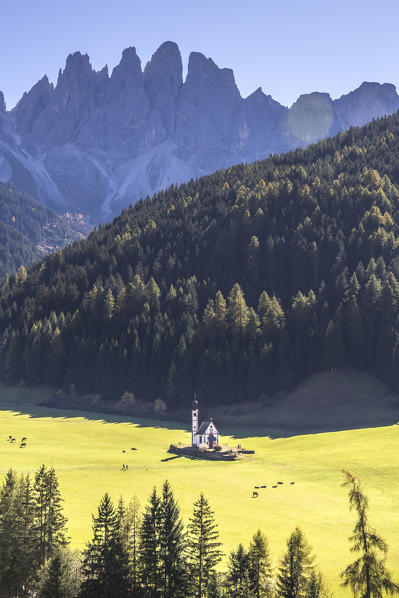 Funes Valley with San Giovanni ranui Church. Puez Odle Natural Park, South Tyrol, Italy