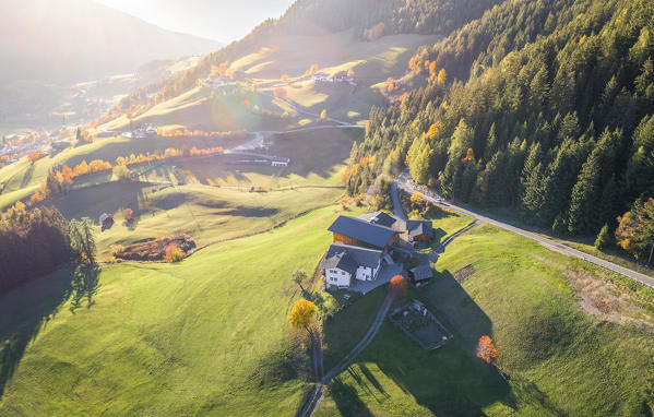 Aerial view of Funes Valley, Puez Odle Natural Park, South Tyrol, Italy