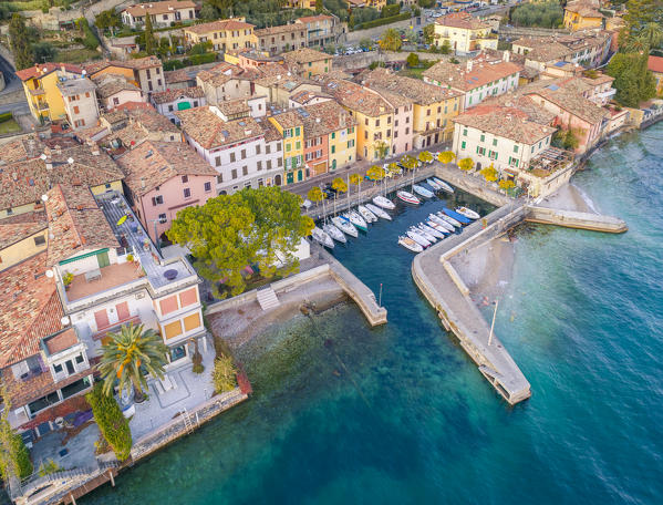 Aerial view of Villa harbour and village. Garda Lake, Brescia Province, Lombardy, Italy