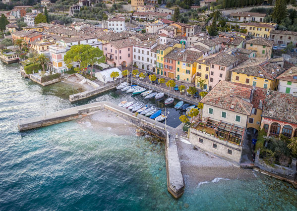 Aerial view of Villa harbour and village. Garda Lake, Brescia Province, Lombardy, Italy