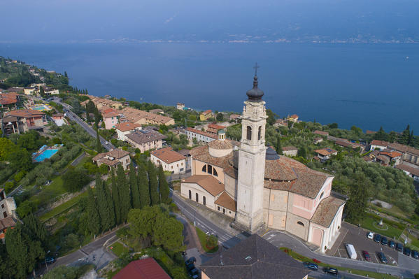 Elevated view of Gargnano, a small village on Garda Lake coastline. Brescia District, Lombardia, Italy