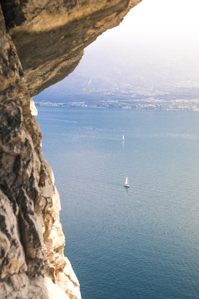 Elevated view of Garda Lake from strada della Forra, a scenic road near Tremosine village, Brescia District, Lombardia, Italy