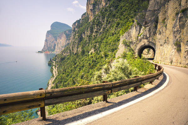 Scenic road SS45 on the west coast of GArda Lake near Tremosine. Brescia Province, Lombardia, Italy