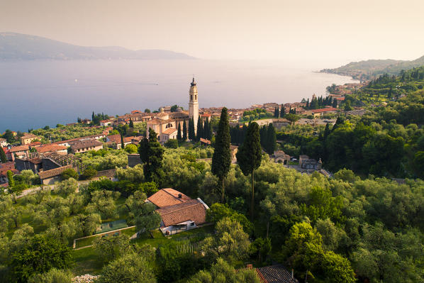 Elevated view of Gargnano, a small village on Garda Lake coastline. Brescia District, Lombardia, Italy