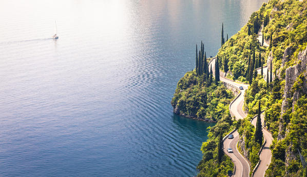 Scenic road SS45 on the west coast of GArda Lake near Tremosine. Brescia Province, Lombardia, Italy