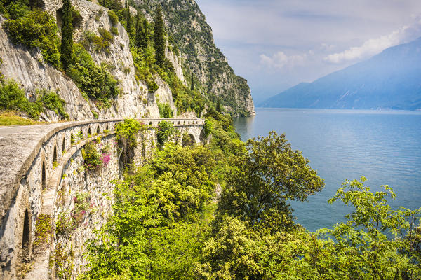 Scenic road SS45 on the west coast of GArda Lake near Tremosine. Brescia Province, Lombardia, Italy