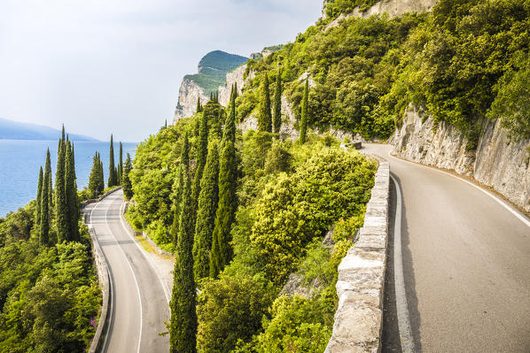 Scenic road SS45 on the west coast of GArda Lake near Tremosine. Brescia Province, Lombardia, Italy