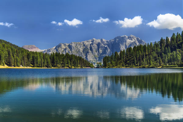 Lake Magliette ,Madonna di Campiglio, Trento, Trantino Alto Adige, Italy

Lake Malghette photographed at a summer day. You can see the background of the Brenta Dolomites and the refuge Malghette