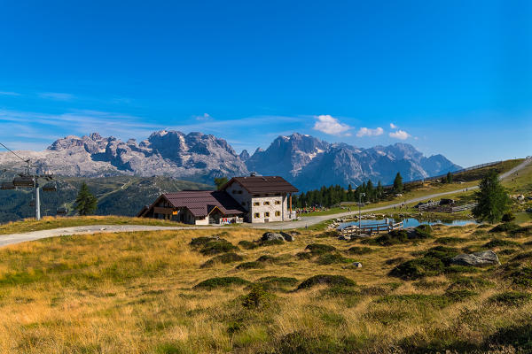 Madonna di Campiglio, Trento, Trantino Alto Adige, Italy

The refuge Viviani Pradalago, with its pond, photographed from above. In the background you can see the dolomite of the Brenta, on the right the chairlift Winter