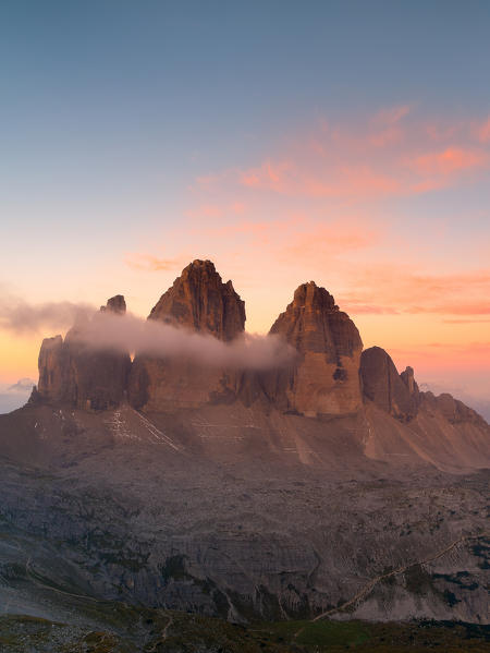 Sesto Dolomites, Trentino Alto Adige, Italy, Europe. Three Peaks of Lavaredo at sunrise