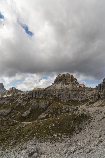 Sesto Dolomites,Bolzano province, Trentino Alto Adige, Italy, Europe. Locatelli refuge and  Sasso di Sesto