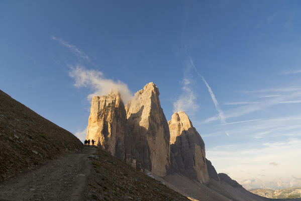 Sesto Dolomites,Bolzano province, Trentino Alto Adige, Italy, Europe.
Three Peaks of Lavaredo with hikers