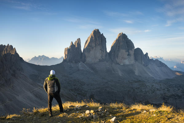 Sesto Dolomites,Bolzano province, Trentino Alto Adige, Italy, Europe.
Three Peaks of Lavaredo with hiker