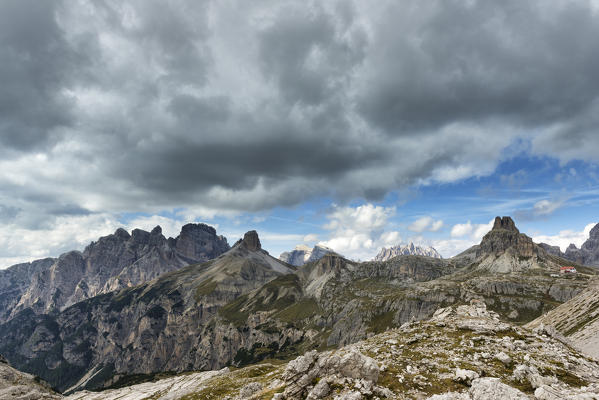 Sesto Dolomites,Bolzano province, Trentino Alto Adige, Italy, Europe.Rondoi Baranci group with Locatelli refuge and Sasso di Sesto mount