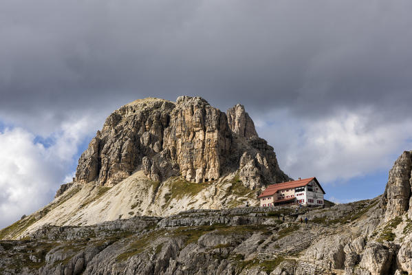 Sesto Dolomites,Bolzano province, Trentino Alto Adige, Italy, Europe.Locatelli refuge and  Sasso di Sesto