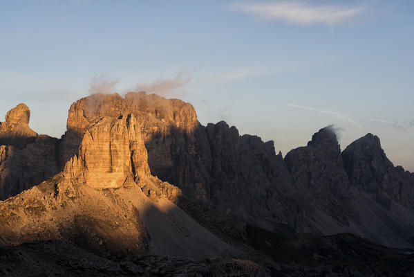 Sesto Dolomites, Trentino Alto Adige, Italy, Europe. Torre Scarperi and Croda dei rondoi at sunset