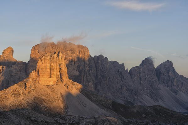 Sesto Dolomites,Bolzano province, Trentino Alto Adige, Italy, Europe. Torre Scarperi and Croda dei rondoi at sunset