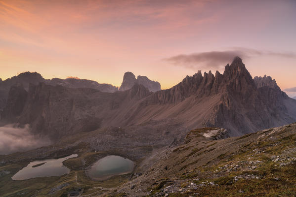 Sesto Dolomites,Bolzano province, Trentino Alto Adige, Italy, Europe. Croda dei Toni,Piani lake and Mount Paterno at sunrise