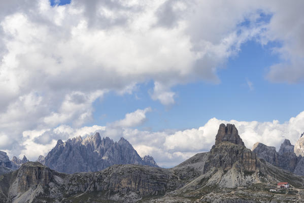 Sesto Dolomites, Bolzano province, Trentino Alto Adige, Italy, Europe. Rocca Baranci  with Locatelli refuge,Sasso di Sesto mount and Toblin tower