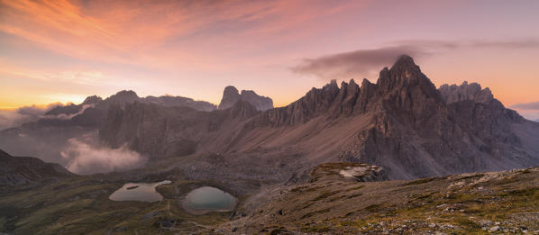 Sesto Dolomites,Bolzano province, Trentino Alto Adige, Italy, Europe.Croda die Toni,Piani Lake and Mount Paterno at sunrise