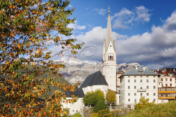 Pieve Di Livinallongo Buchenstein Main Church And Sella Group In The Background Belluno Veneto Italy