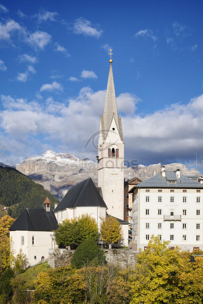 Pieve Di Livinallongo Buchenstein Main Church And Sella Group In The Background Belluno Veneto Italy