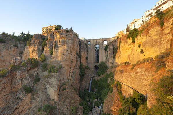 The Puente Nuevo bridge at sunset, Ronda, province of Málaga, Andalusia, Spain